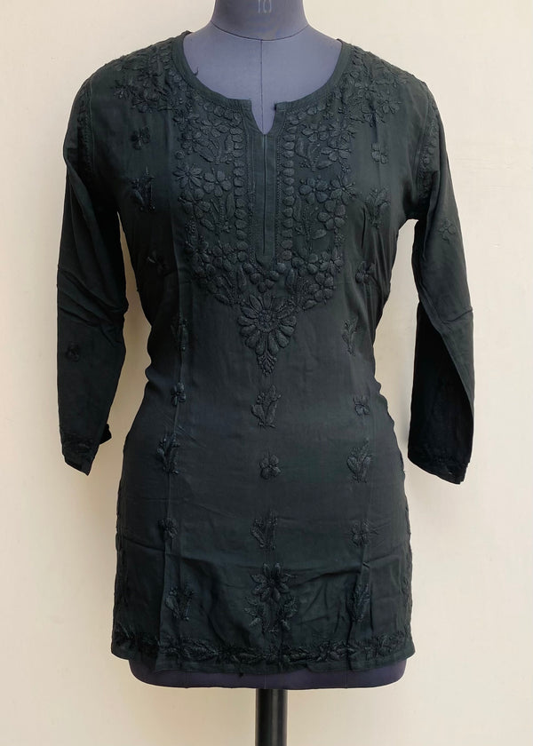 Lucknowi Chikankari Short Kurti Black Modal Cotton With Self Work