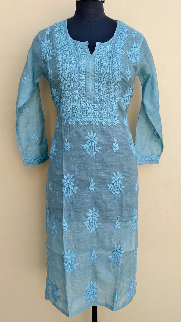 Lucknowi Chikankari Kurti Teal Green Mal Chanderi With Self 3D Work