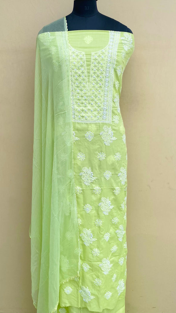 Lucknowi Chikankari Suit Length 3 Piece Parrot Green Mulmul Cotton