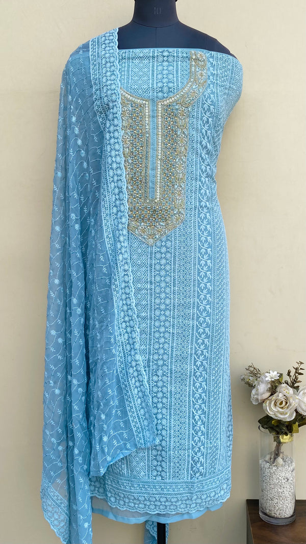 Chikankari Suit Length 3 Piece Aqua Blue Georgette With Pearl ,Cutdana & Sequence Work