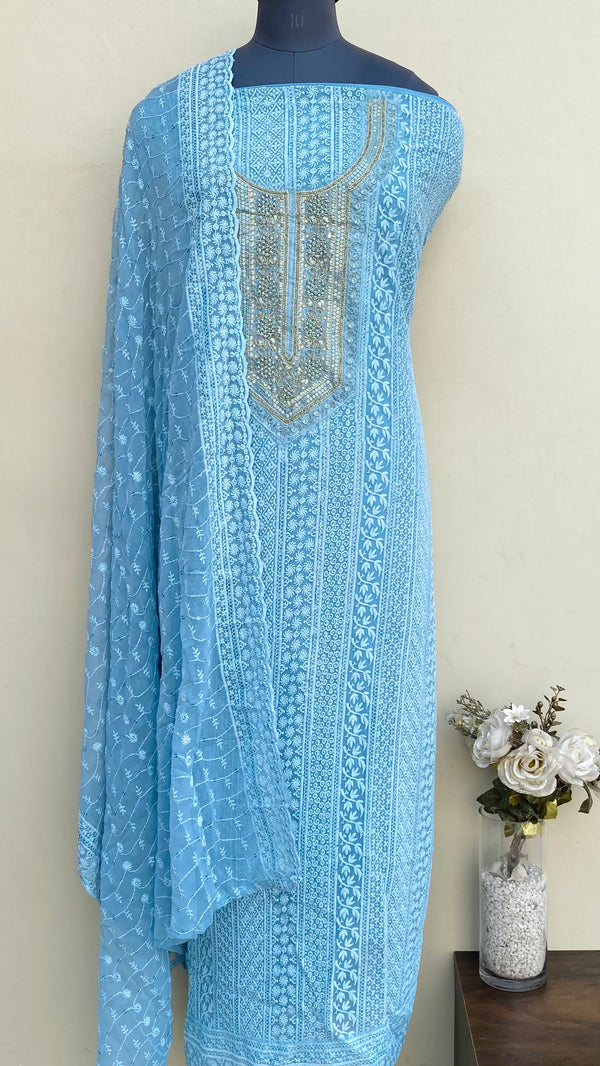 Chikankari Suit Length 3 Piece Aqua Blue Georgette With Cutdana & Sequence Work