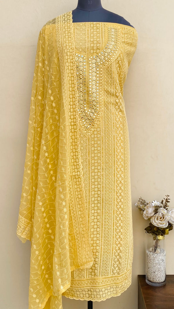 Chikankari Suit Length 3 Piece Yellow Georgette With Mirror & Sequence Work