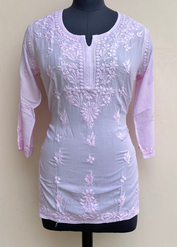 Lucknowi Chikankari Short Kurti Pink Modal Cotton With Self Work