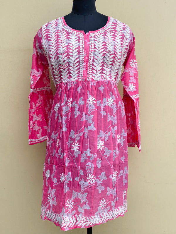 Lucknowi Chikankari Short Kurti Pink Mulmul Cotton