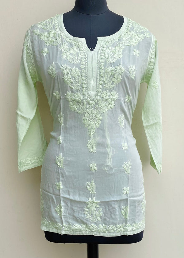 Lucknowi Chikankari Short Kurti Green Modal Cotton With Self Work
