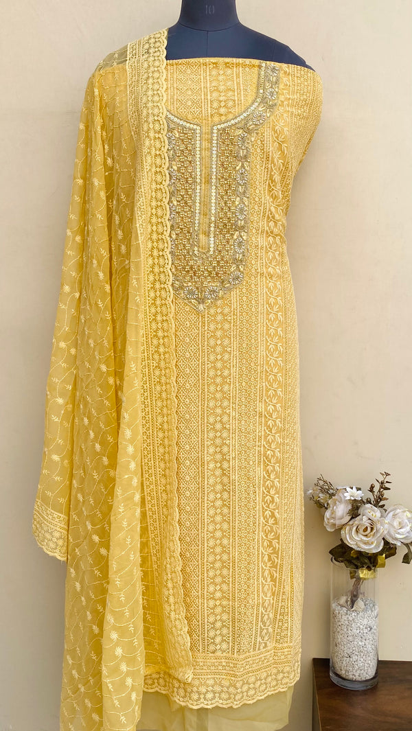 Chikankari Suit Length 3 Piece Yellow Georgette With Pearl ,Cutdana & Sequence Work