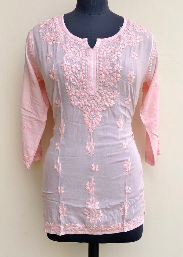 Lucknowi Chikankari Short Kurti Peach Modal Cotton With Self Work
