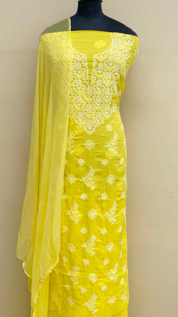 Lucknowi Chikankari Suit Length 3 Piece Yellow Mulmul Cotton