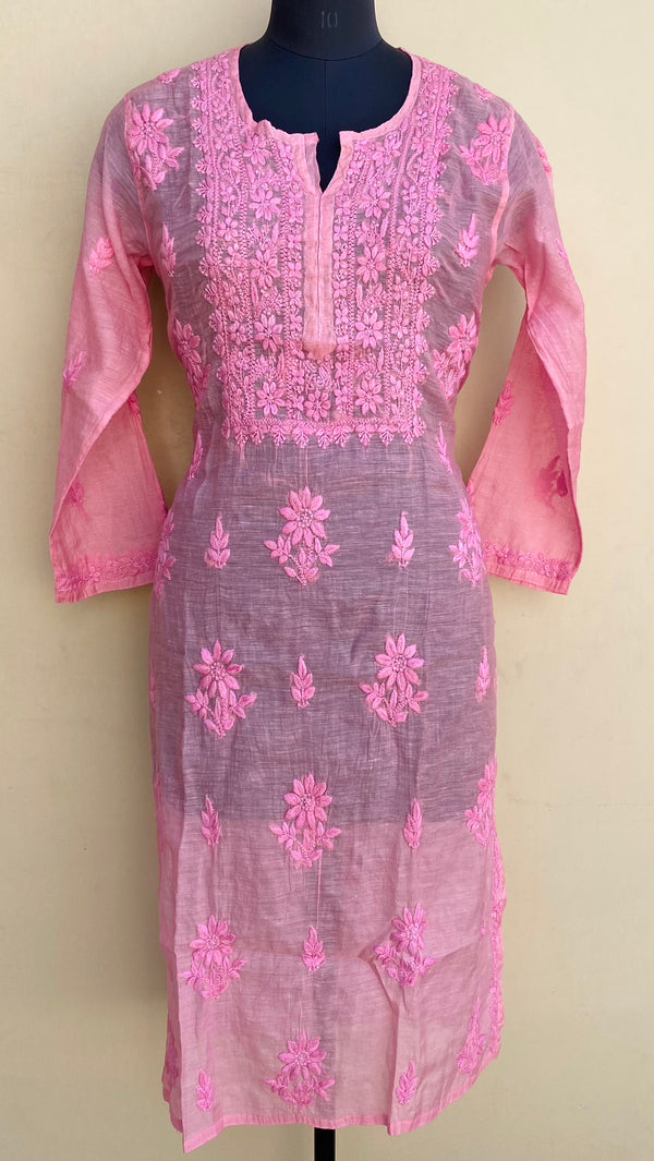 Lucknowi Chikankari Kurti Pink Mal Chanderi With Self 3D Work