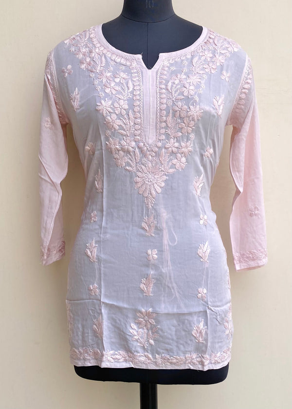 Lucknowi Chikankari Short Kurti Pink Modal Cotton With Self Work