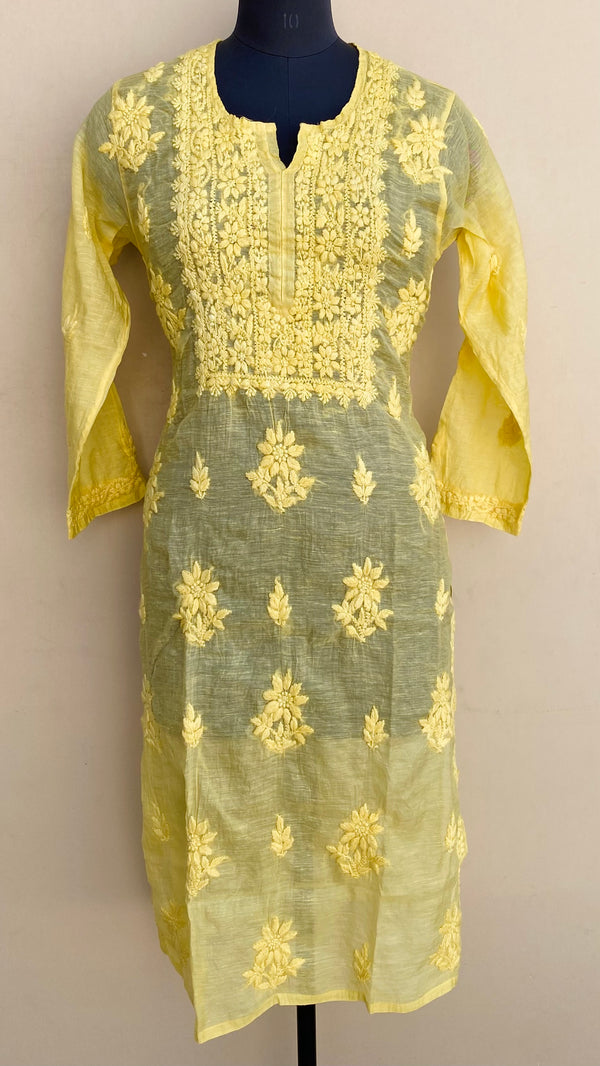 Lucknowi Chikankari Kurti Yellow Mal Chanderi With Self 3D Work