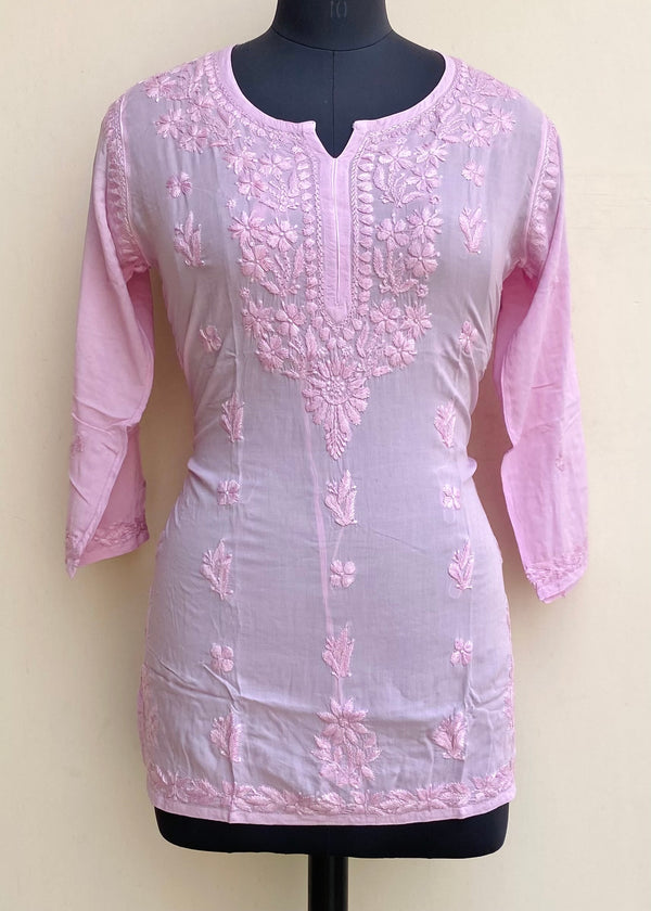 Lucknowi Chikankari Short Kurti Pink Modal Cotton With Self Work