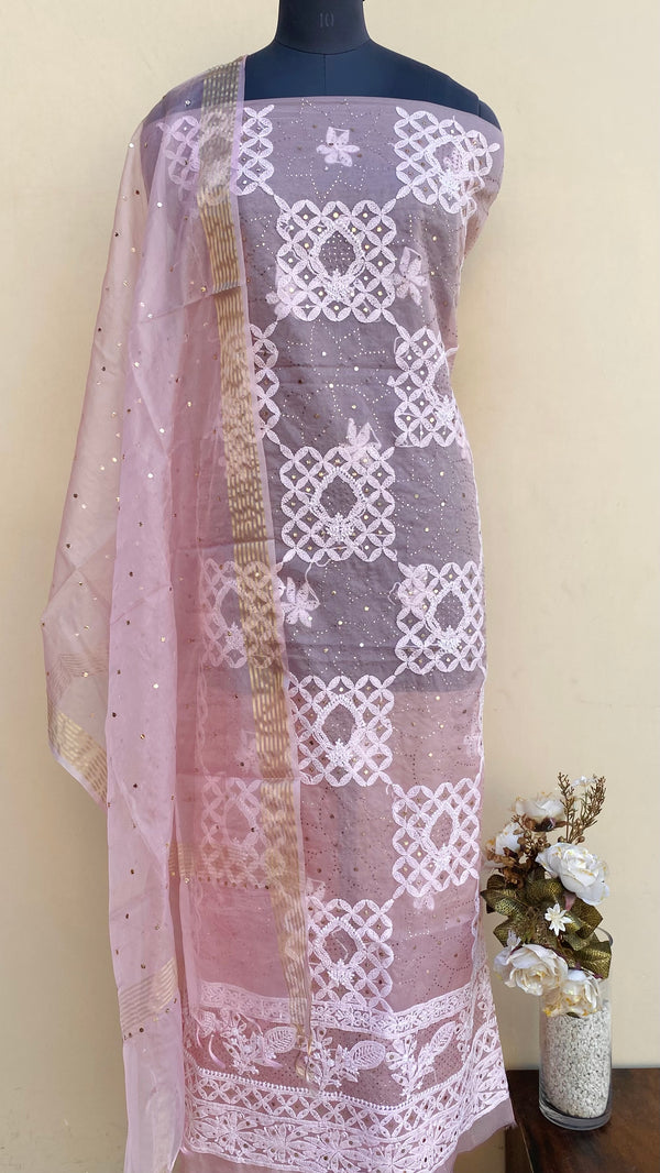 Lucknowi Chikankari Suit Length 2 Piece Pink Organza