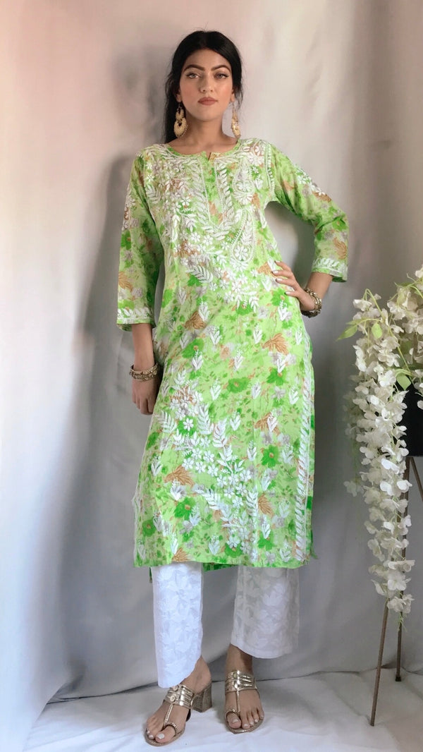 Lucknowi Chikankari Printed Kurti Green Mulmul Cotton