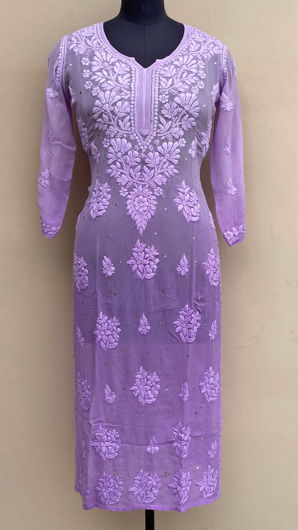 Lucknowi Chikankari Ombre Kurti Purple Pure Georgette With Mukaish & Self 3D Work