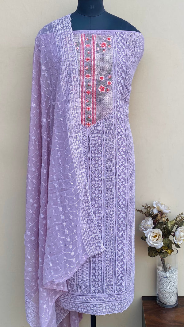 Chikankari Suit Length 3 Piece Onion Pink Georgette With Sequence Work