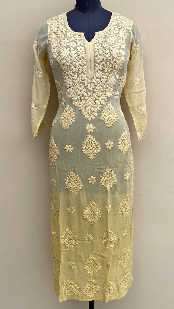 Lucknowi Chikankari Ombre Kurti Beige Pure Georgette With Mukaish & Self 3D Work