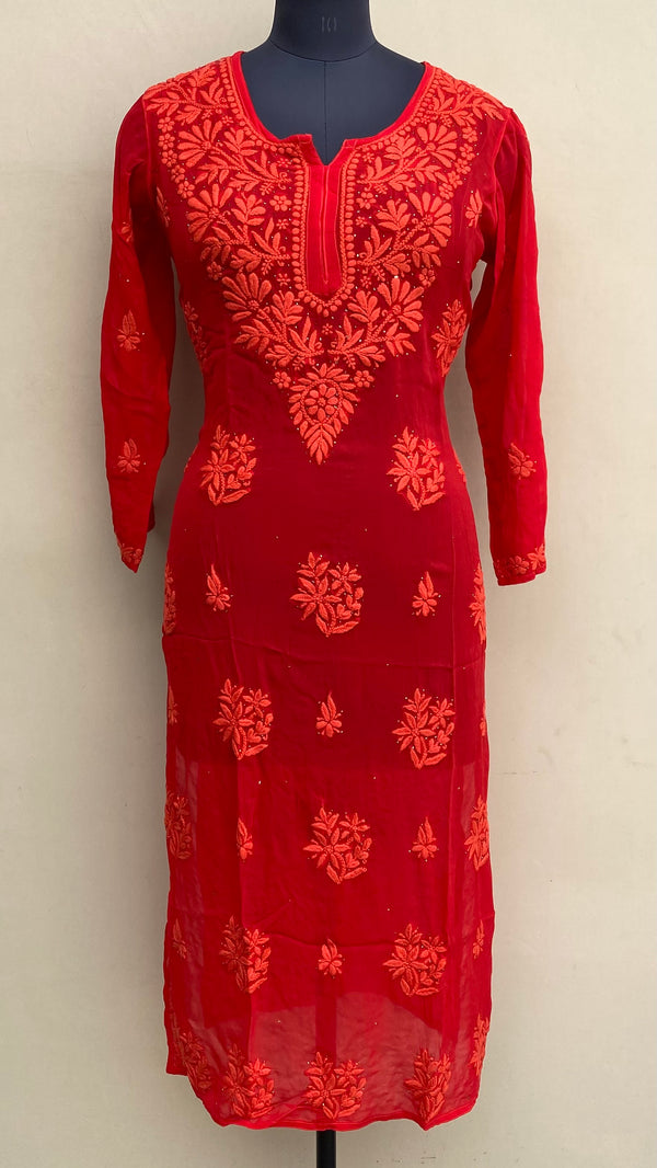 Lucknowi Chikankari Kurti Red Pure Georgette With Mukaish & Self 3D Work