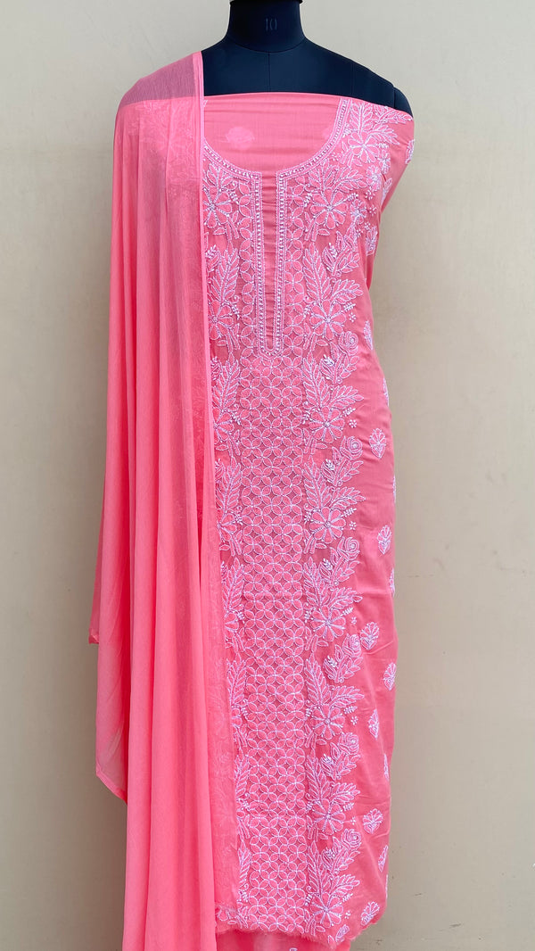 Lucknowi Chikankari Suit Length 3 Piece Pink Mulmul Cotton