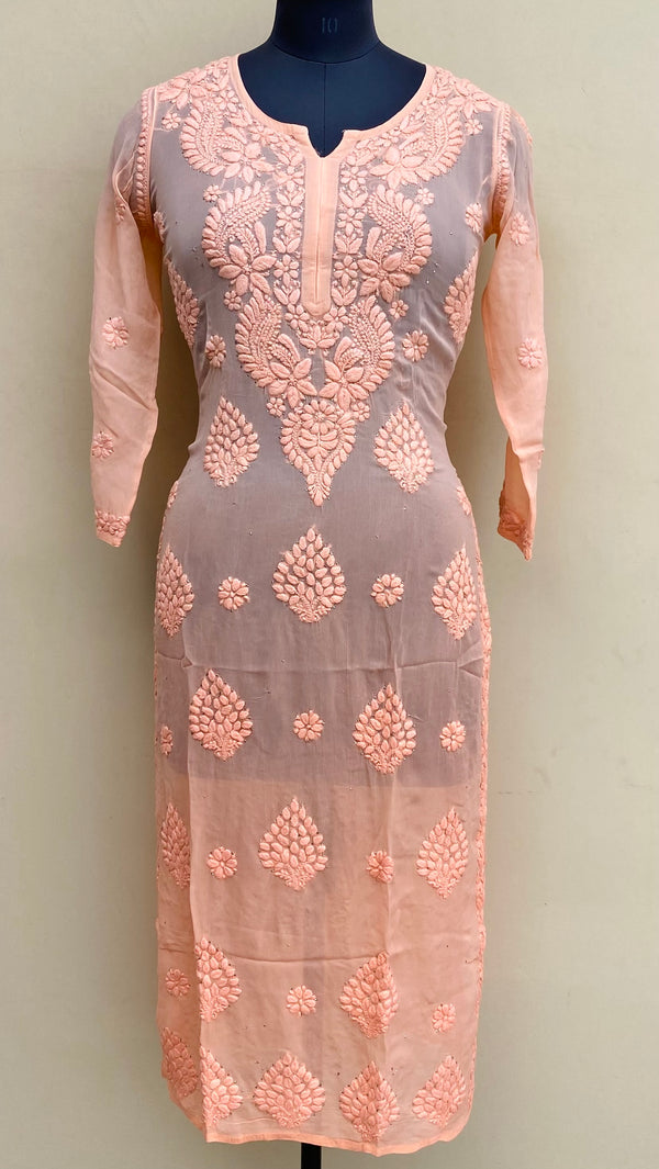 Lucknowi Chikankari Ombre Kurti Peach Pure Georgette With Mukaish & Self 3D Work