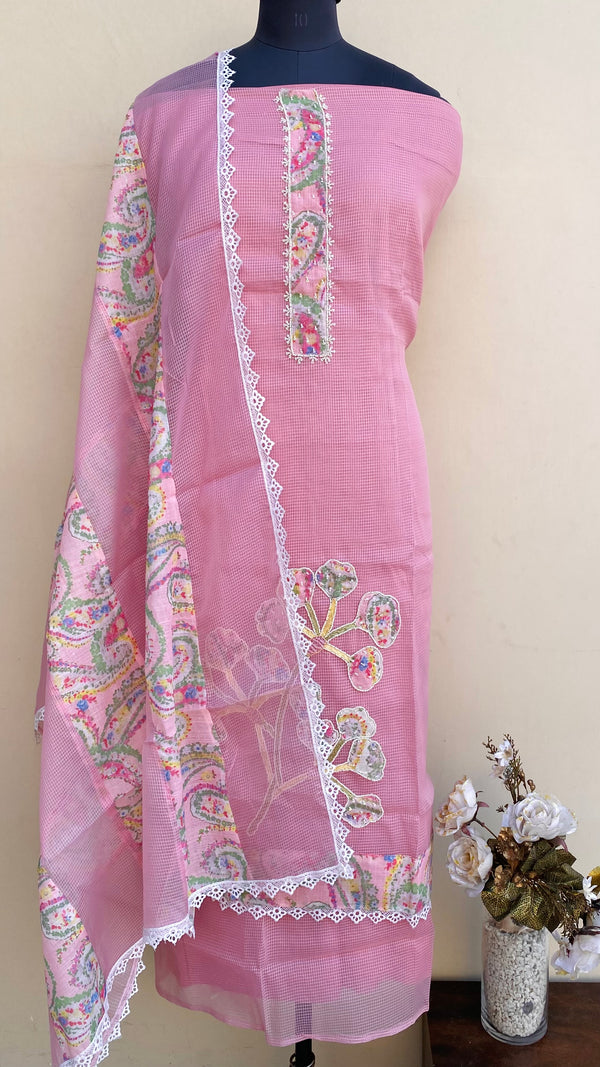 Designer Embroidered Suit Length 3 Piece Pink Kota With Pearl & Sequence Work