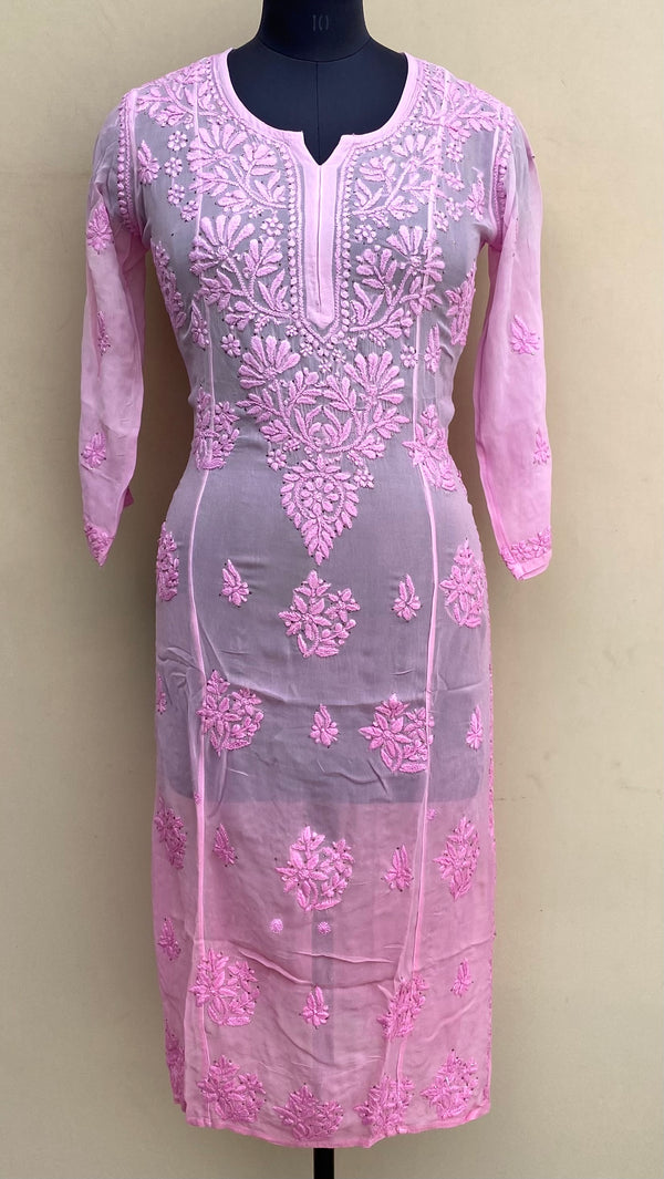 Lucknowi Chikankari Ombre Kurti Pink Pure Georgette With Mukaish & Self 3D Work