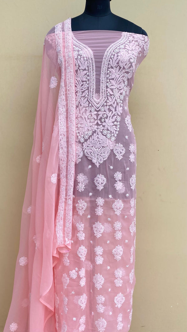 ﻿Lucknowi Chikankari Suit Length 3 Piece Peach Georgette