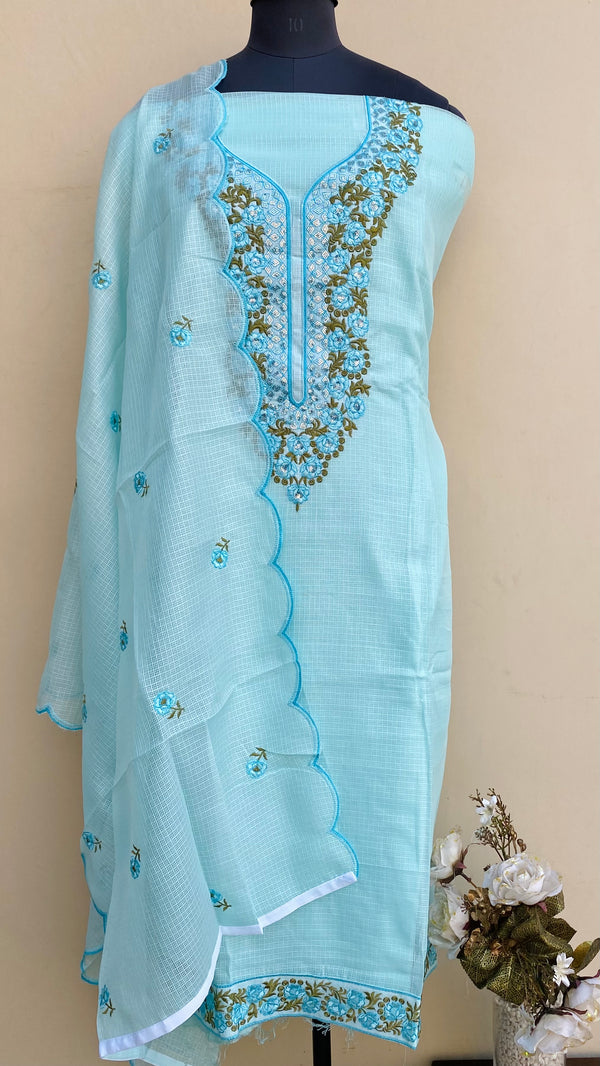 Designer Embroidered Suit Length 3 Piece Blue Kota With Sequence Work