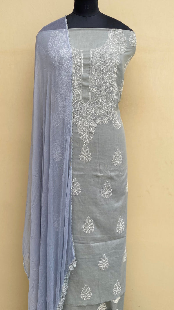 Lucknowi Chikankari Suit Length 3 Piece Gray Cotton