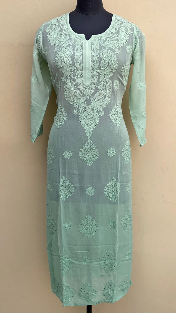 Lucknowi Chikankari Ombre Kurti Green Pure Georgette With Mukaish & Self Work