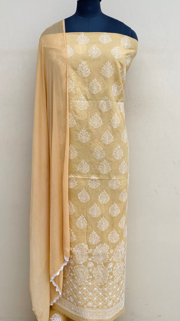 Lucknowi Chikankari Suit Length 3 Piece Beige Cotton