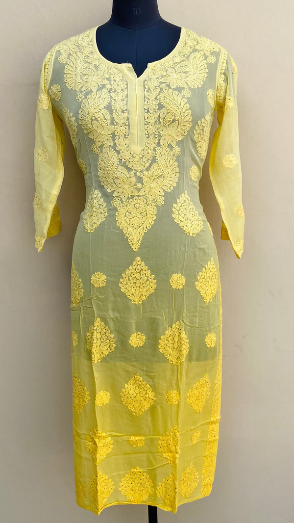 Lucknowi Chikankari Ombre Kurti Lemon Yellow Pure Georgette With Mukaish & Self Work