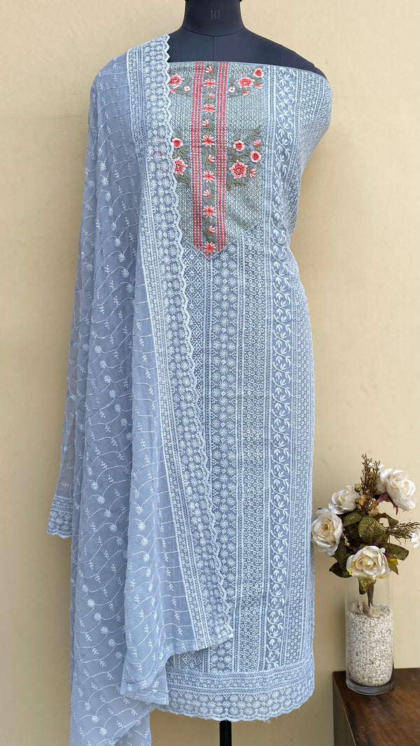 Chikankari Suit Length 3 Piece Gray Georgette With Sequence Work