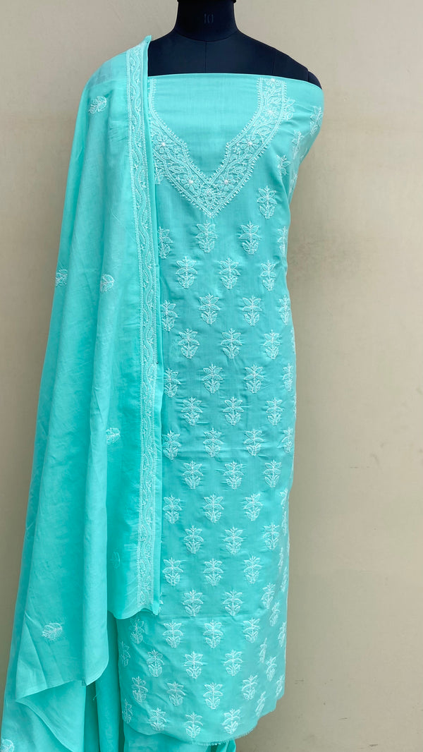 Lucknowi Chikankari Suit Length 3 Piece Sea Green Cotton With Embroiderd Cotton Dupatta