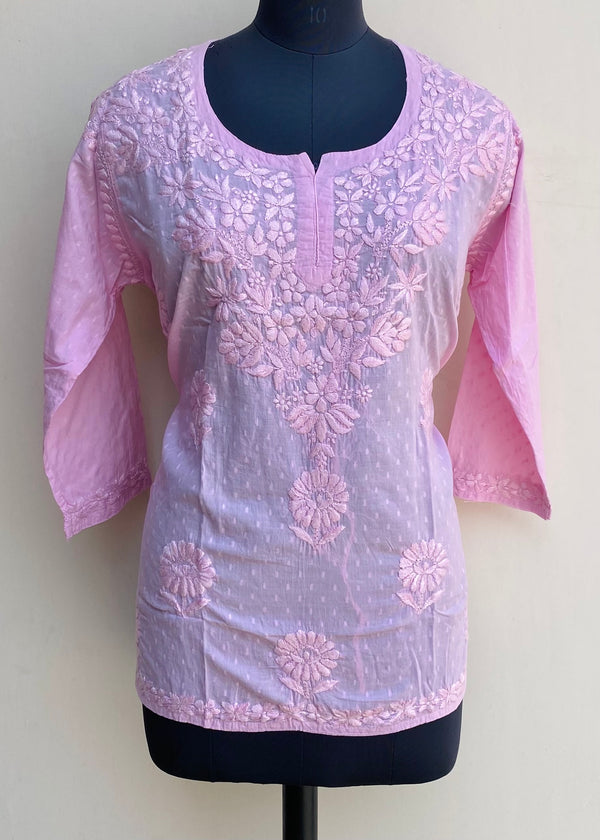 Lucknowi Chikankari Short Kurti Pink Mulmul Cotton With Self Work