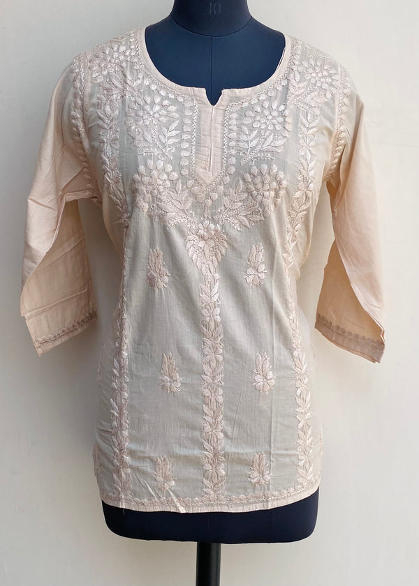 Lucknowi Chikankari Short Kurti Beige Mulmul Cotton With Self Work