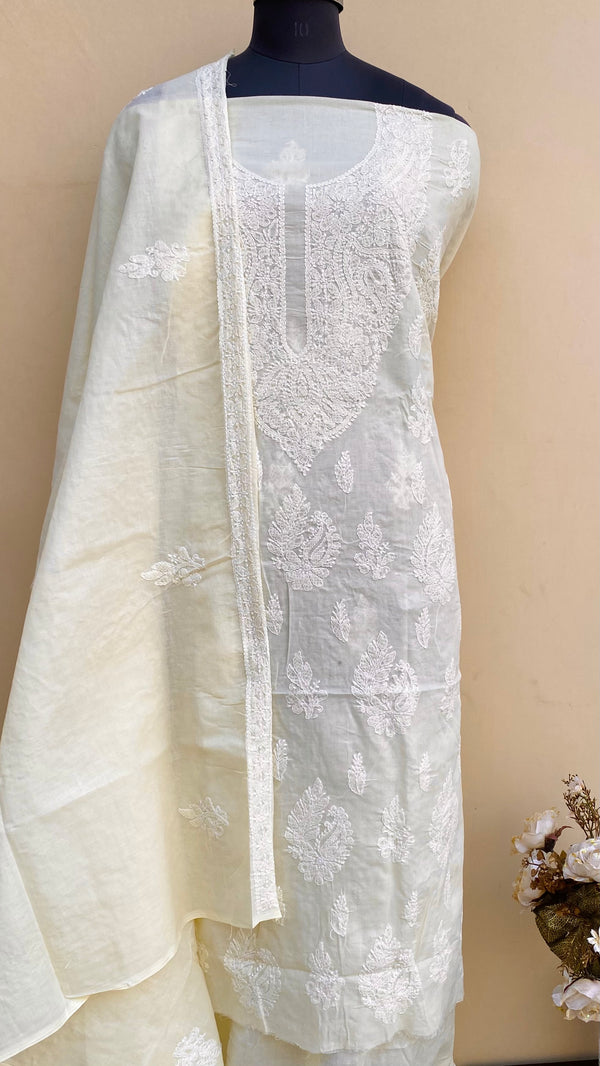 Lucknowi Chikankari Suit Length 3 Piece Cream Cotton With Embroidered Cotton Dupatta