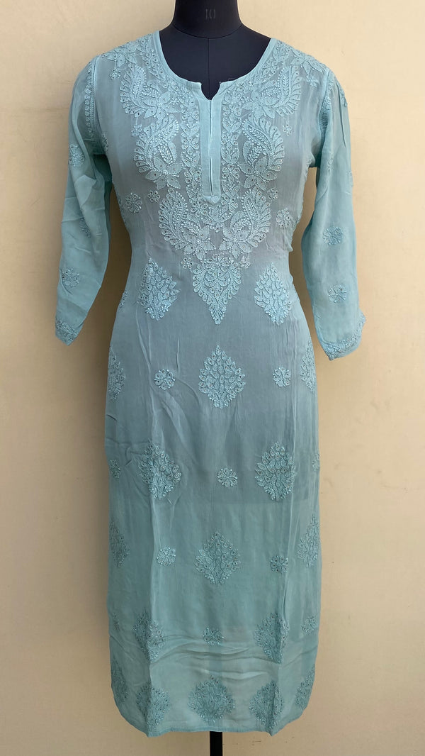 Lucknowi Chikankari Ombre Kurti Teal Green Pure Georgette With Mukaish & Self Work