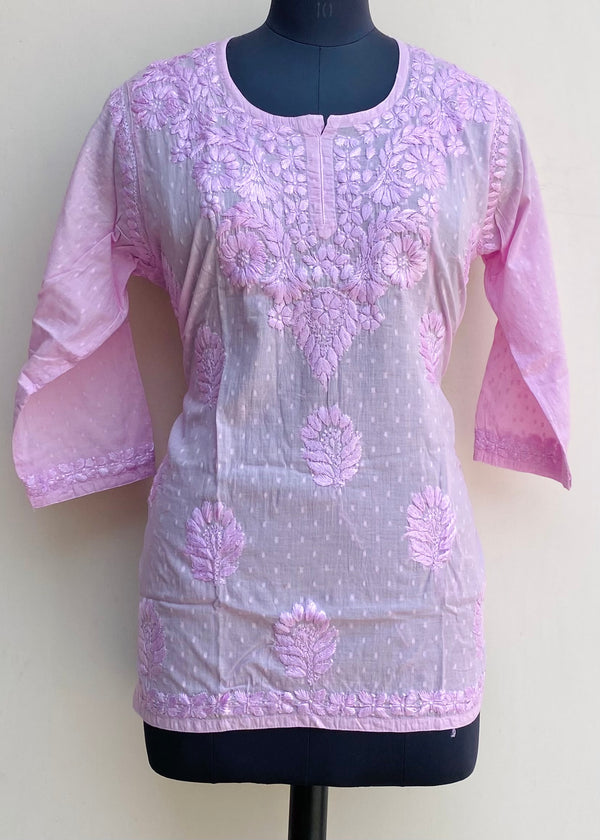 Lucknowi Chikankari Short Kurti Pink Mulmul Cotton With Self Work