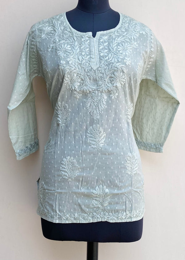 Lucknowi Chikankari Short Kurti Green Mulmul Cotton With Self Work