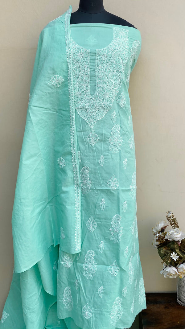 Lucknowi Chikankari Suit Length 3 Piece Sea Green Cotton With Embroidered Cotton Dupatta