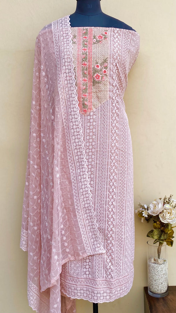 Chikankari Suit Length 3 Piece Rose Pink Georgette With Sequence Work