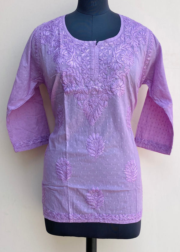 Lucknowi Chikankari Short Kurti Purple Mulmul Cotton With Self Work