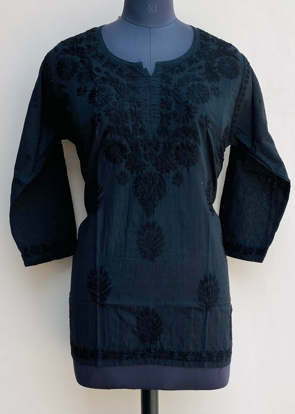 Lucknowi Chikankari Short Kurti Black Mulmul Cotton With Self Work