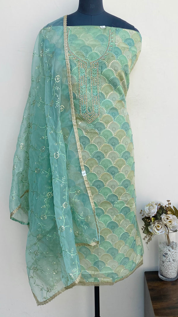 Designer Embroidered Suit Length 3 Piece Green Organza With Pearl & Sequence Work