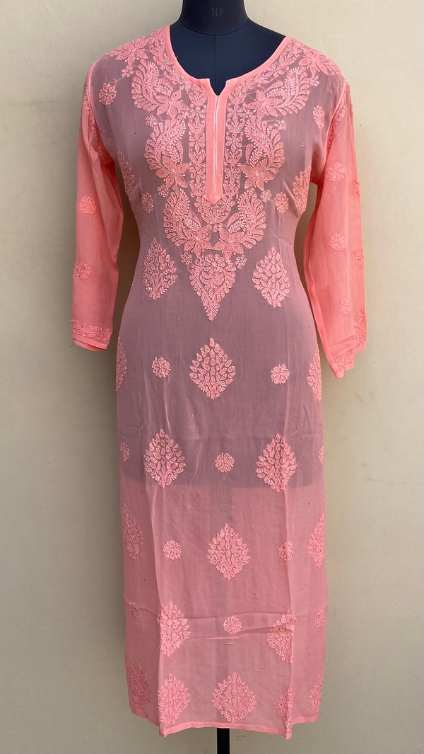 Lucknowi Chikankari Kurti Pink Pure Georgette With Mukaish & Self Work