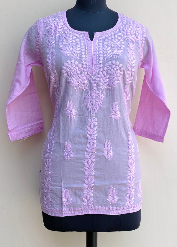 Lucknowi Chikankari Short Kurti Pink Mulmul Cotton With Self Work