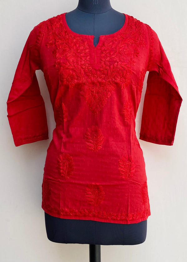 Lucknowi Chikankari Short Kurti Red Mulmul Cotton With Self Work