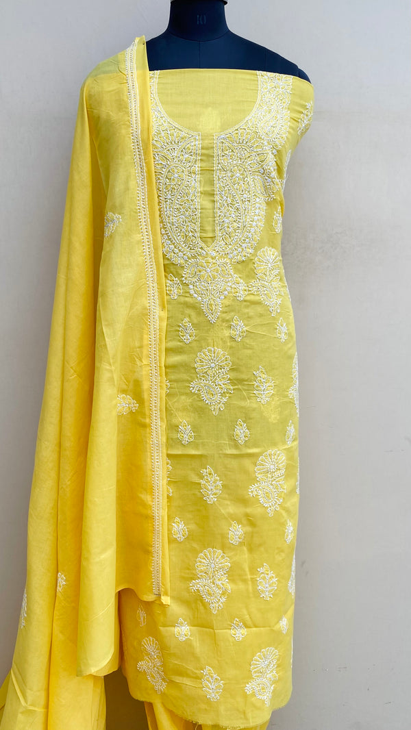 Lucknowi Chikankari Suit Length 3 Piece Yellow Cotton With Embroidered Cotton Dupatta