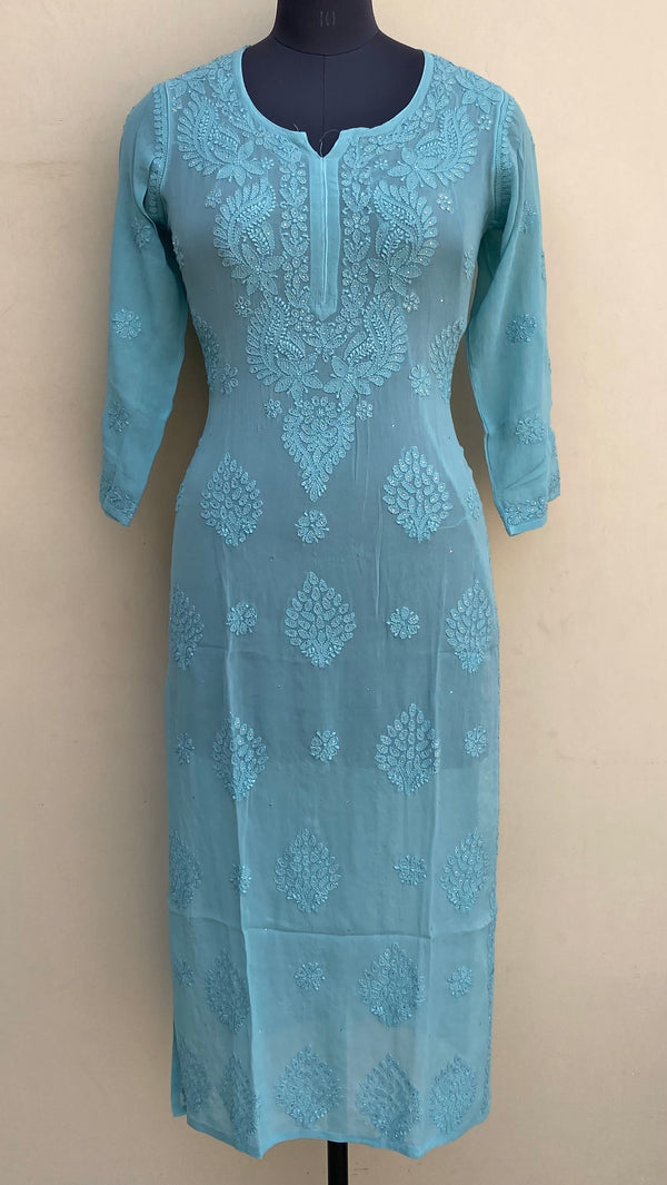 Lucknowi Chikankari Kurti Teal Green Pure Georgette With Mukaish & Self Work